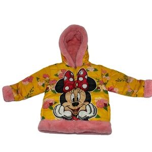 Disney Minnie Mouse Girls Puffer Faux Fur Hooded Reversible Pink Jacket Sz 3-4T